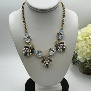 J. Crew Opal Gray Acrylic Gold Tone Pink Clear Rhinestone Bib Statement Necklace
